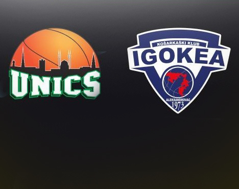 На изображении эмблемы двух баскетбольных команд: справа — Igokea, слева — Unics. Эмблема Unics выполнена с силуэтом города на фоне баскетбольного мяча, а Igokea содержит надпись и глобус