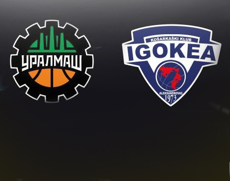 На изображении два логотипа баскетбольных клубов на тёмном фоне. Слева — логотип клуба Уралмаш с оранжево-зелёными элементами, справа — логотип клуба Igokea с изображением карты и надписью 1973